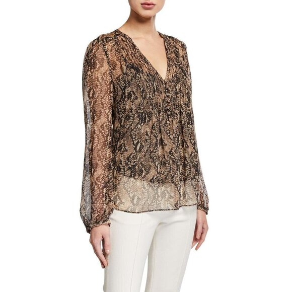 Veronica Beard Lowell Silk Snake Priht Pintuck Blouse Nude Womens Size 4 - Picture 5 of 12